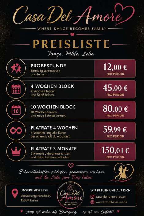 Bachata, Kizomba, Salsa oder Merengue Preisliste